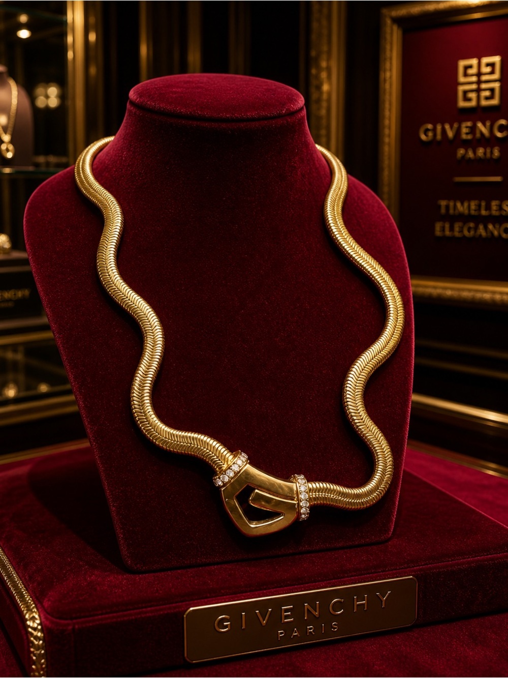 GIVENCHY Crystals G Logo Vintage Serpentine Chain Pendant Necklace Gold Tone
